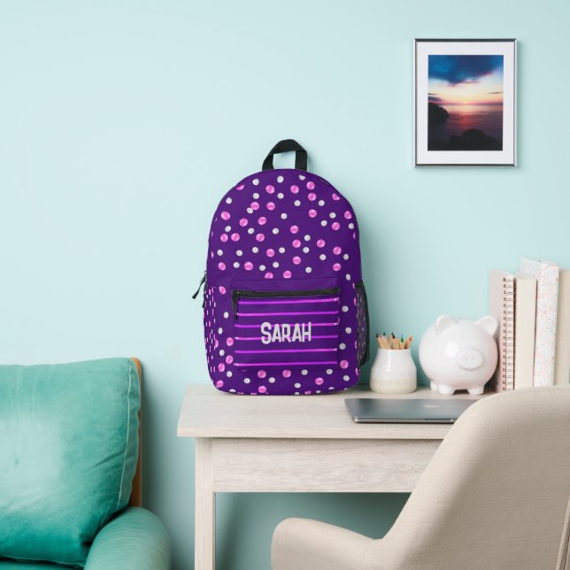 Purple Personalised Pink and Grey Polka Dot Printed Backpack (Insitu)