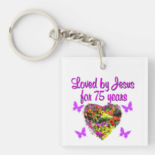 PURPLE PERSONALIZED FLORAL 75TH BIRTHDAY DESIGN KEY RING