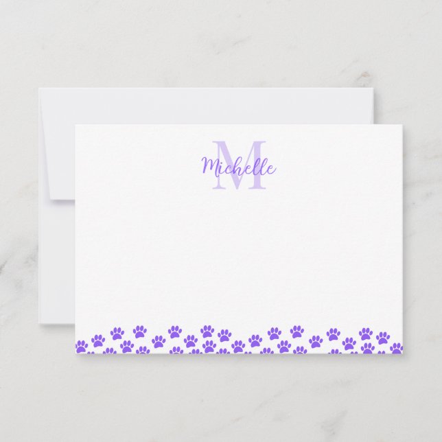 Purple Pet Paw Prints Custom Monogram Cute  Card (Front)