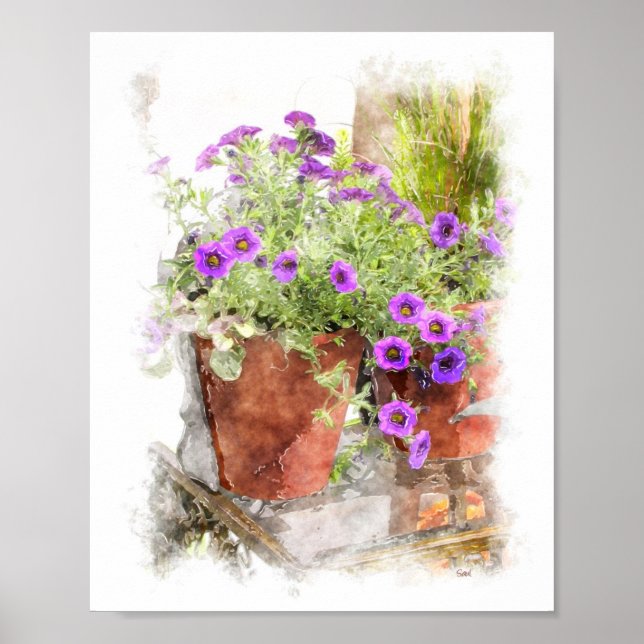 Purple Petunia Flowers Watercolor Digital Painting Poster (Front)