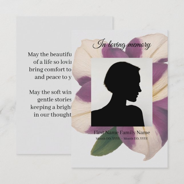 Purple petunia funeral prayer card (Front/Back)