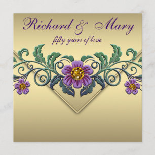 Purple Petunia Gold 50th Wedding Anniversary Invitation