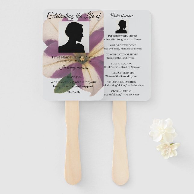 Purple petunia order of service hand fan (Front and Back)