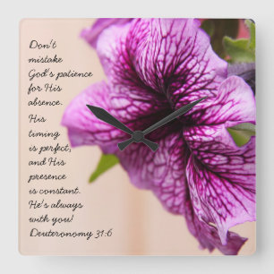Purple Petunia, Scripture Quote from Deuteronomy Square Wall Clock