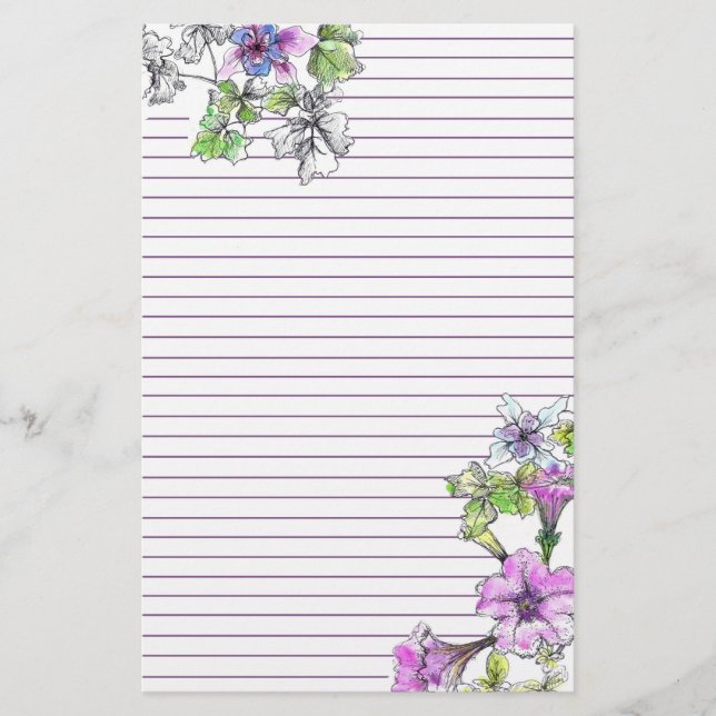 Purple Petunia Watercolor Flowers Lilac Lined Stationery (Front)