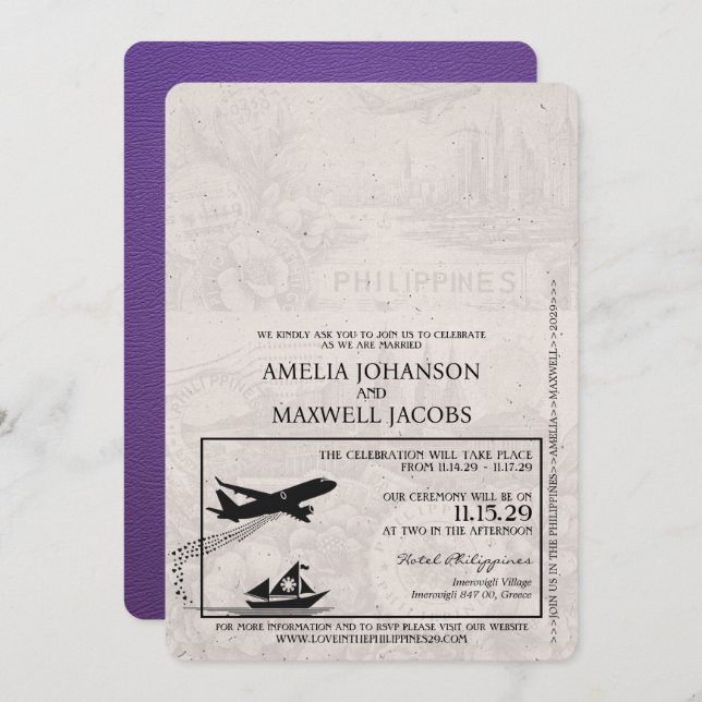 Purple Philippines Passport Wedding Invitation (Front/Back)