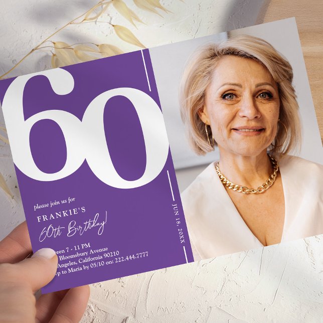Purple Photo 60th Birthday Invitation (Creator Uploaded)