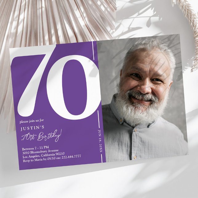 Purple Photo 70th Birthday Party Invitation (Creator Uploaded)