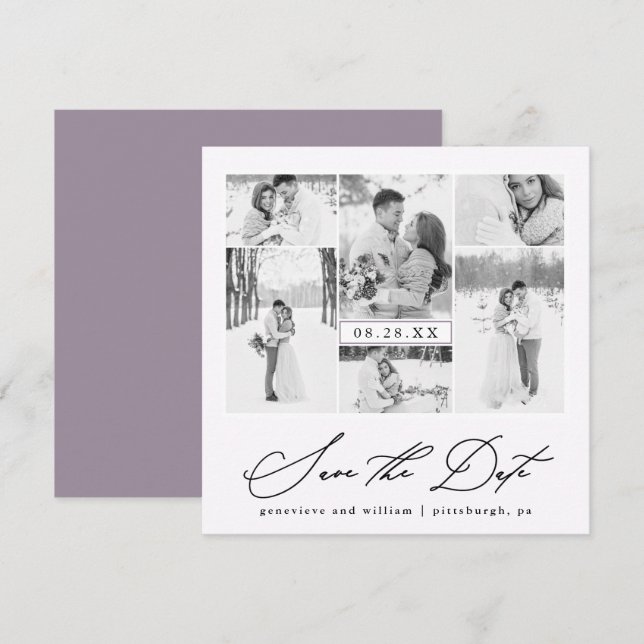 Purple Photo Collage Save the Date Invitation (Front/Back)