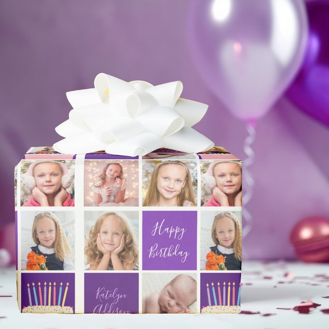 Purple Photo Collage Template Cute Custom Birthday Wrapping Paper (Creator Uploaded)