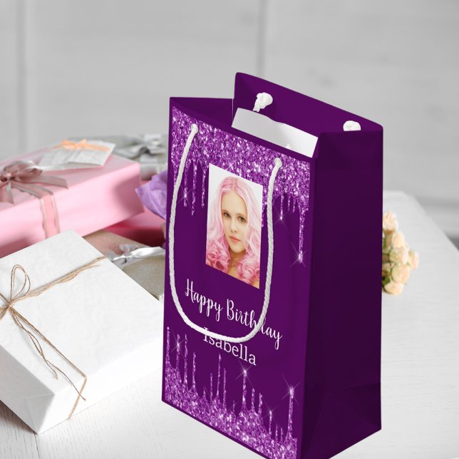 Purple photo glitter drips photo birthday small gift bag (Creator Uploaded)