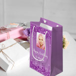 Purple photo glitter drips photo birthday small gift bag<br><div class="desc">A gift bag for a girly and glamourous 18th (or any age) birthday. A purple gradient background with purple faux glitter drips, paint dripping look. The text: Personalise and add your own photo of the birthday girl and the name. Can be used both for gift wrapping or as a party...</div>
