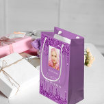 Purple photo glitter drips photo small gift bag<br><div class="desc">A gift bag for a girly and glamourous 18th (or any age) birthday. A purple gradient background with purple faux glitter drips, paint dripping look. The text: The name is written with a modern purple hand lettered style script. Tempate for a date and age 18. Personalise and add your own...</div>