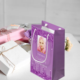 Purple photo glitter drips photo small gift bag