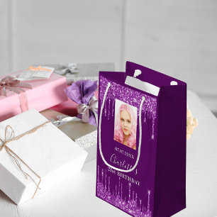 Purple photo glitter drips photo small gift bag