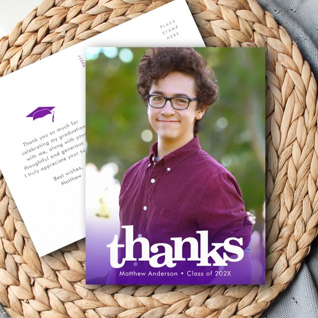 Purple photo graduation bold typography thank you postcard (Creator Uploaded)