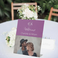 Purple photo monogram wedding welcome sign