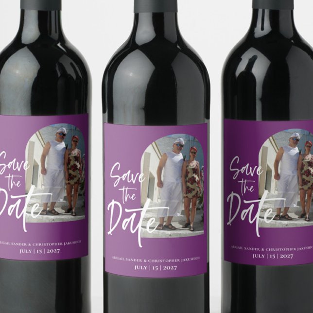 Purple Photo Save the date Invitation Wine Label (Creator Uploaded)
