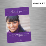 Purple photo script thank you magnet<br><div class="desc">A purple background colour.  White,  large hand lettered script with swashes and the text: Thank You. Personalise and add your photo,  thank you note and name.</div>