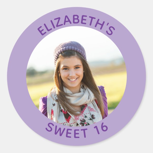Purple Photo Sweet 16 Birthday Favour Classic Round Sticker (Front)