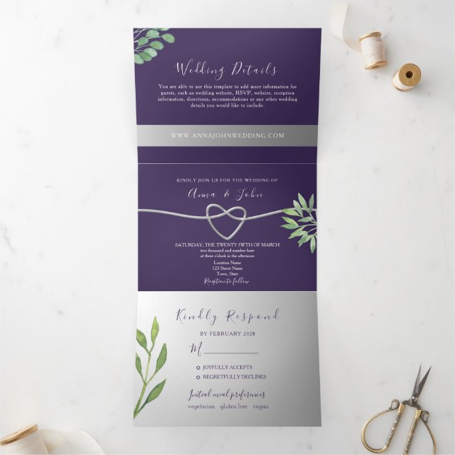 Purple Photo Wedding Tri-Fold Invitation (Inside)