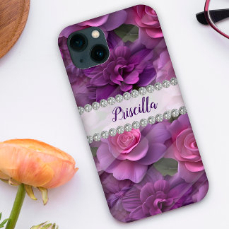 Purple & pink 3D roses, diamond frame custom iPhone 13 Case