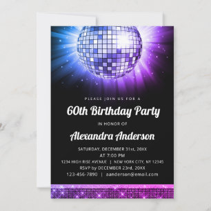 Purple Pink 60th Birthday Party 70's Disco Ball Invitation