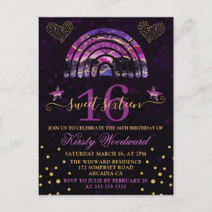Purple & Pink Agate Rainbow & Hearts Sweet 16 Postcard