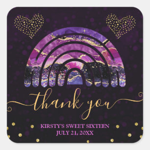 Purple & Pink Agate Rainbow & Hearts Sweet 16 Square Sticker