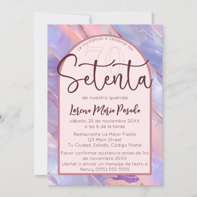 Purple Pink Agate Spanish 70th Birthday For Her Invitation (Front)