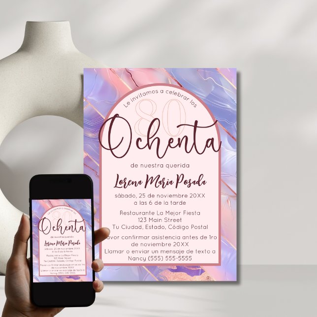 Purple Pink Agate Spanish 80th Birthday For Her Invitation (Creator Uploaded)