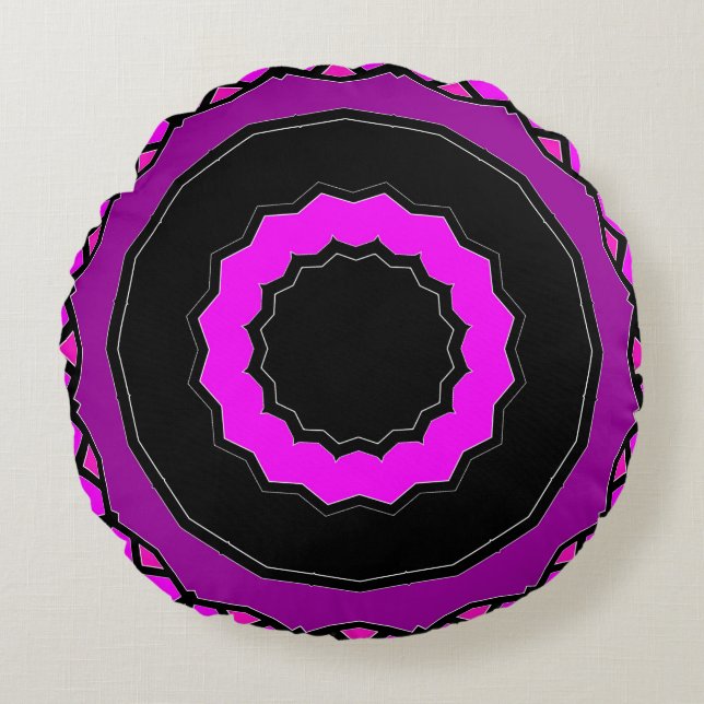 Purple Pink and Black Kaleidoscope Pattern Round Cushion (Front)