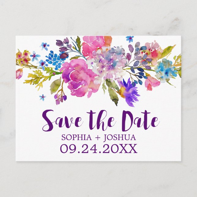 Purple Pink and Blue Flowers Wedding Save the Date Announcement Postcard (Front)