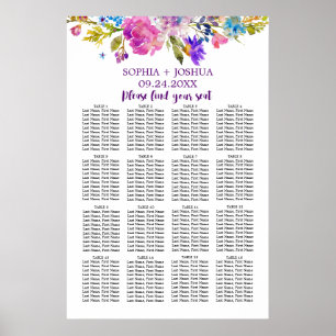 Purple Pink and Blue Flowers Wedding Seating Chart