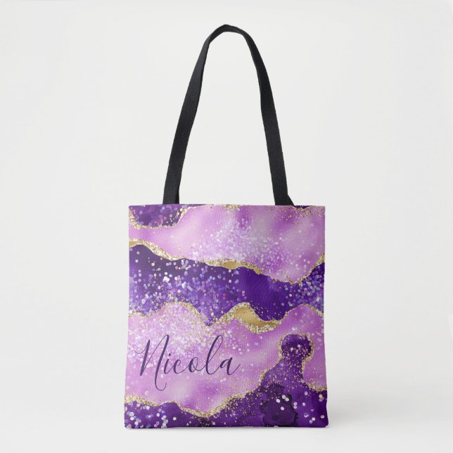 Purple & Pink and Faux Gold Glitter Agate Tote Bag (Front)