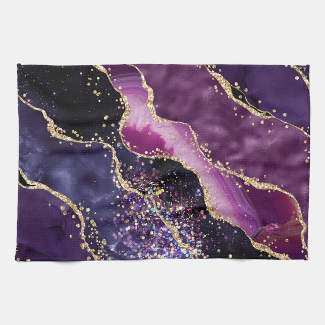 Purple, Pink and Gold Glitter Agate Pattern Tea Towel (Horizontal)