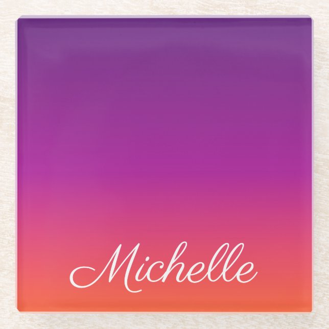 Purple, pink and orange gradient ombre glass coaster (Front)