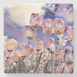 Purple, pink, and orange tulips  stone coaster