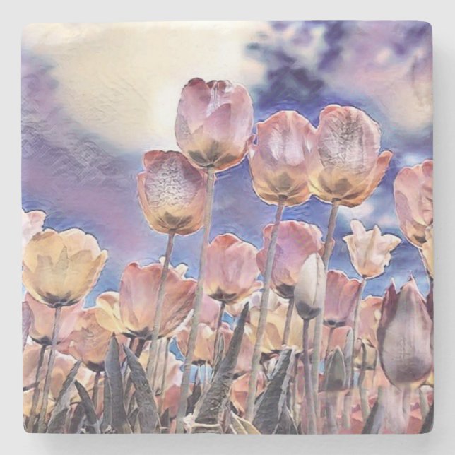 Purple, pink, and orange tulips  stone coaster (Front)