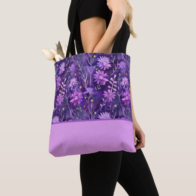 Purple Pink and Yellow Daisy Floral, Colour Block Tote Bag (Close Up)