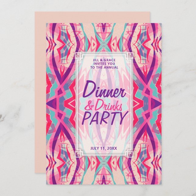 Purple Pink Aqua Boho Chic Dinner Drinks Party Invitation (Front/Back)