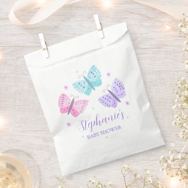 Purple Pink Aqua Butterflies Baby Shower Favour Bags (Clipped)