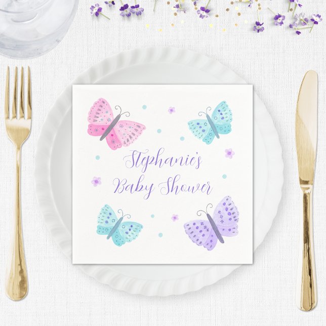 Purple Pink Aqua Butterflies Baby Shower Napkin (Creator Uploaded)