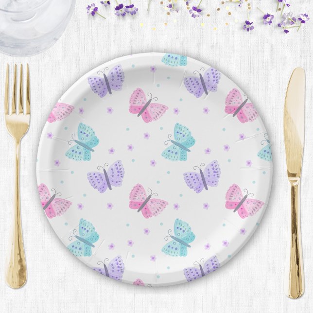 Purple Pink Aqua Butterflies Baby Shower Paper Plate (Creator Uploaded)