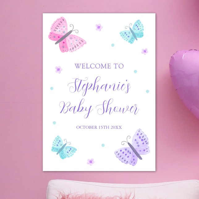 Purple Pink Aqua Butterflies Baby Shower Poster (Creator Uploaded)