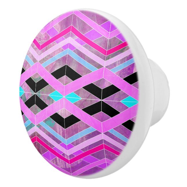 Purple Pink & Aqua Geometric Crossing Stripes Ceramic Knob (Right)
