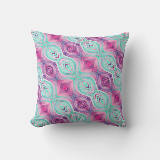Purple Pink Aqua Pattern Reversible Boho Cushion (Front)