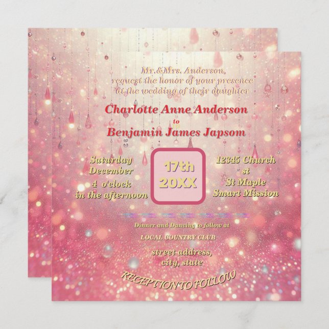 Purple Pink Bead Curtain Faux Glitter floral Invitation (Front/Back)