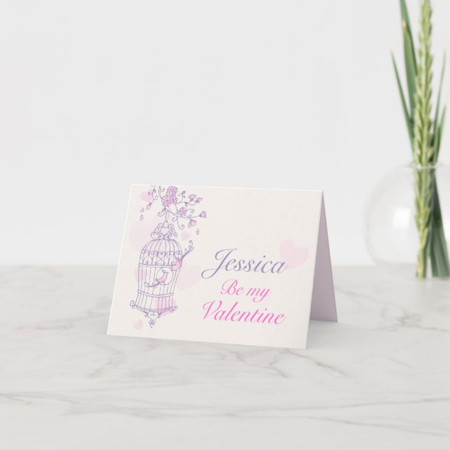 Purple pink bird cage valentine's day name card (Front)