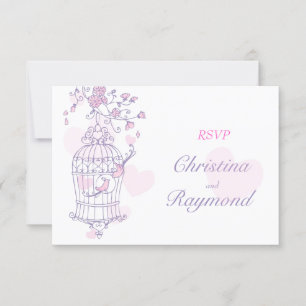 Purple & pink birds open cage wedding reply card